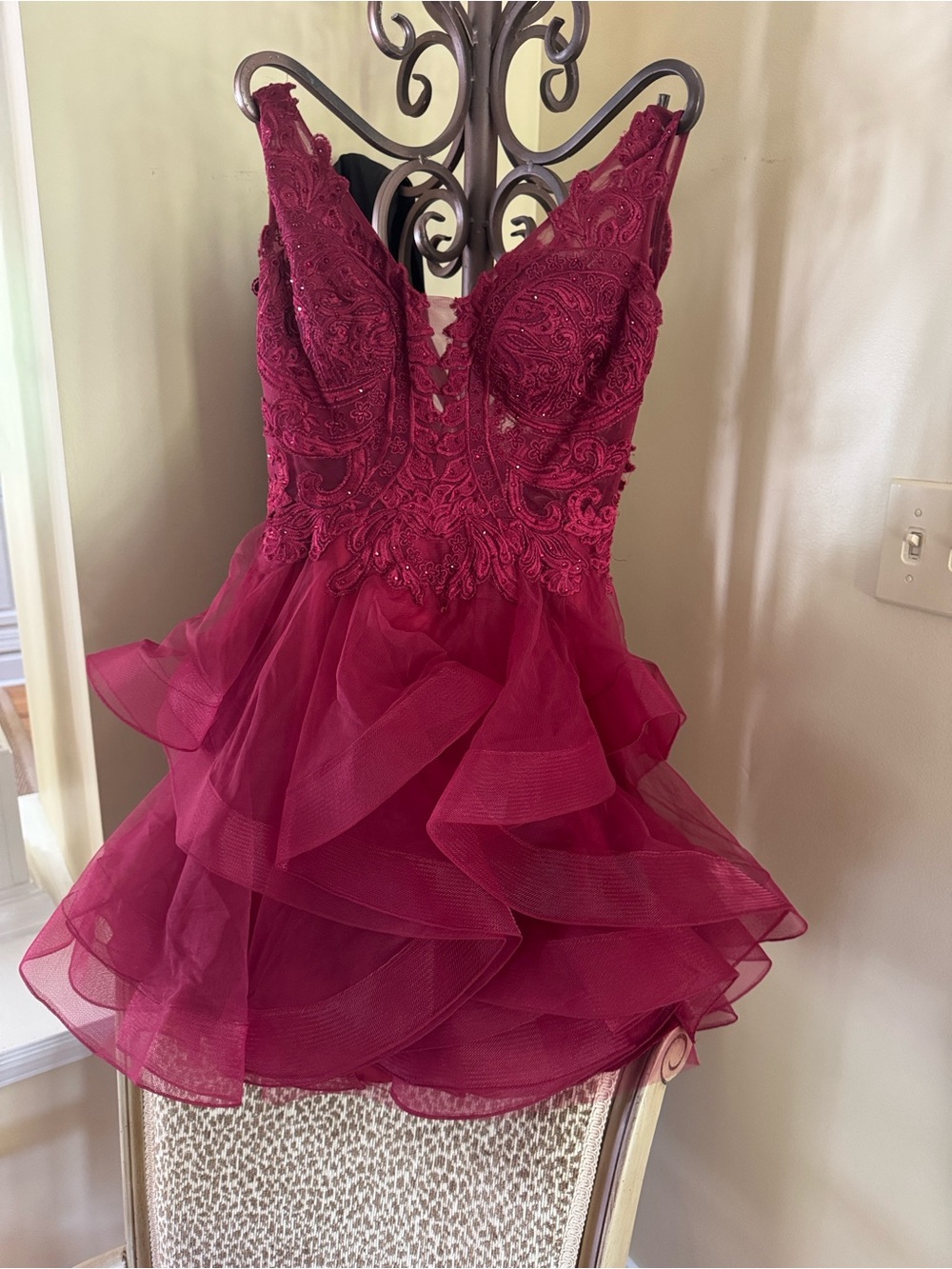ellie wilde Burgundy Embroidered Ruffled Party Dress